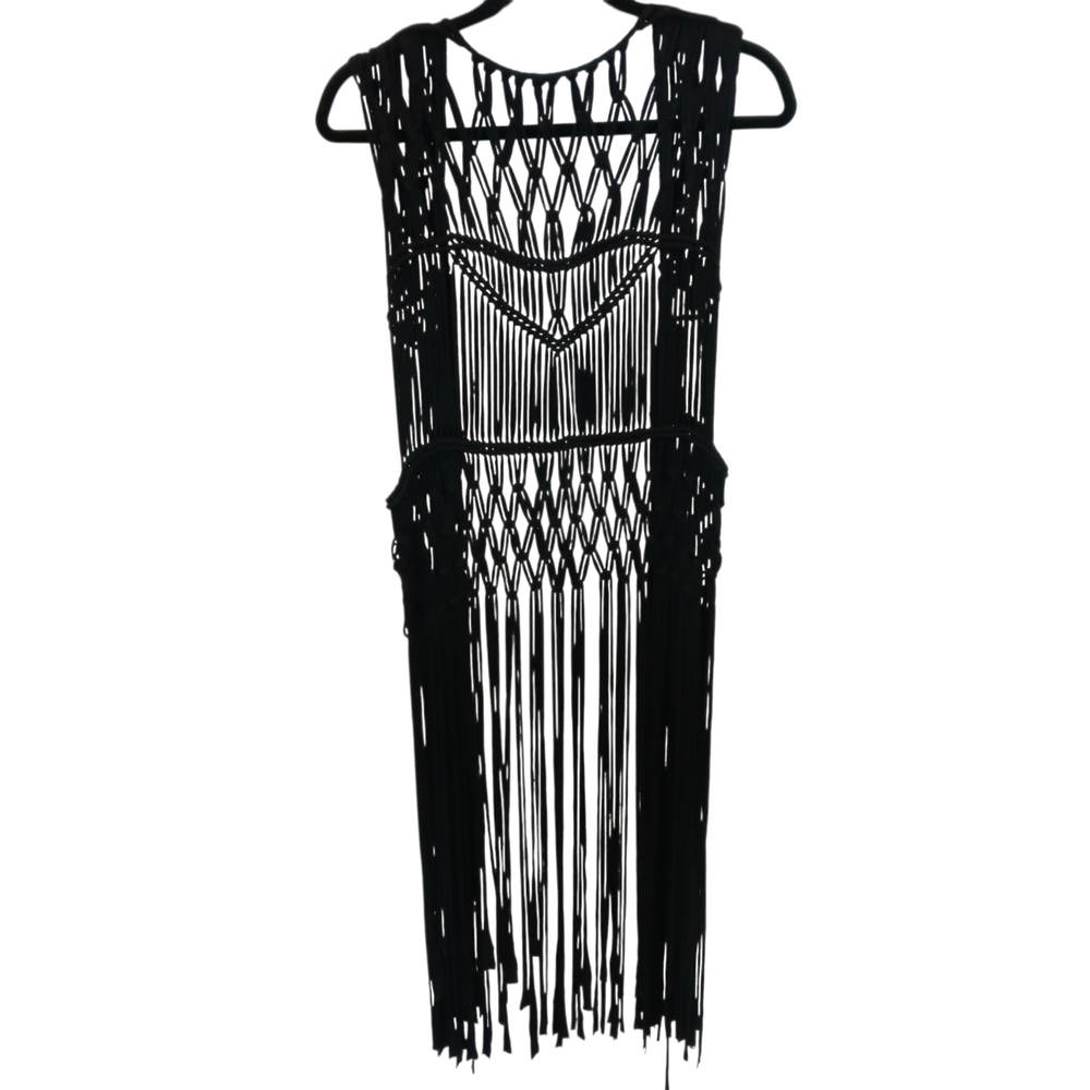 Uniq Black Macrame Long Fringe Vest Hobo Hippie Festival One Size